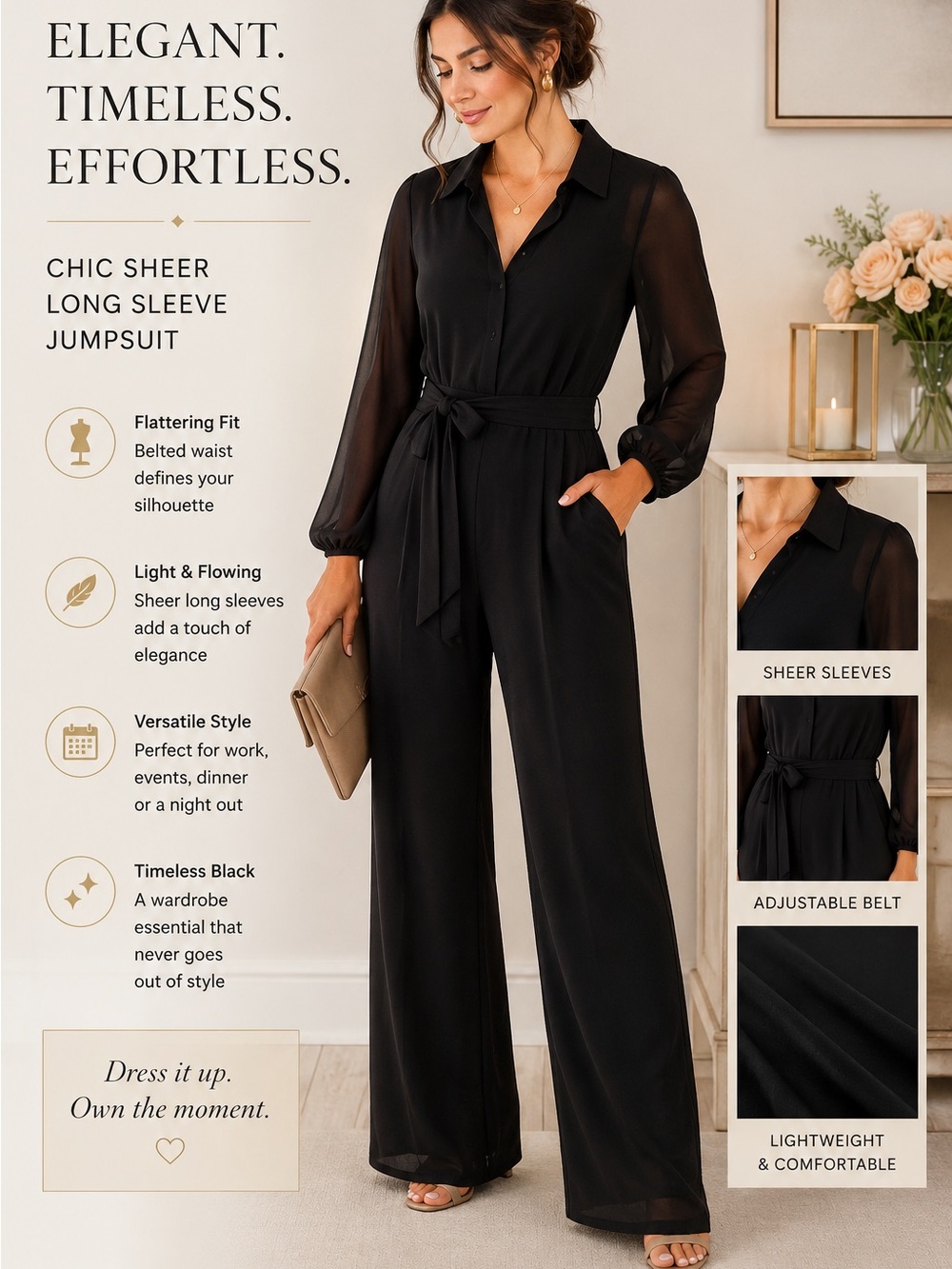 Fashion Nova Black Chic Sheer-Sleeve Belted Jumpsuit